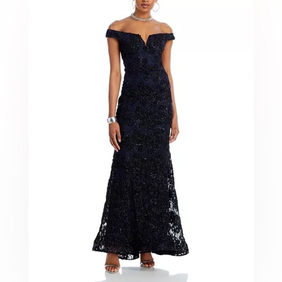 Aqua 
Off-the-Shoulder Embellished Lace Gown - Exclusive - Picture 1 of 12